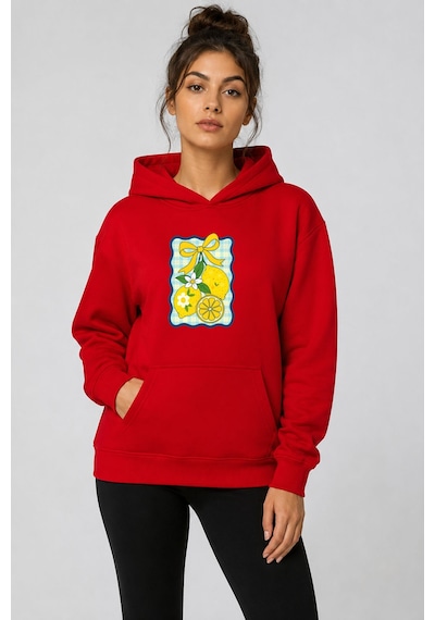 Herkesemoda Limon Baskılı Kapüşonlu 2 İplik Şardonlu Sweatshirt Kırmızı