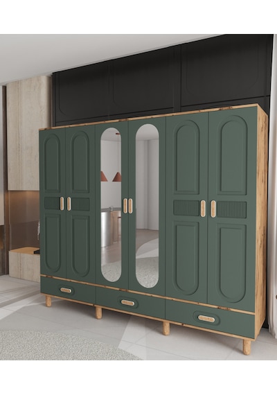 Dova 6 Kapaklı Çekmeceli Gardırop - Tamamı Mdf Yeşil