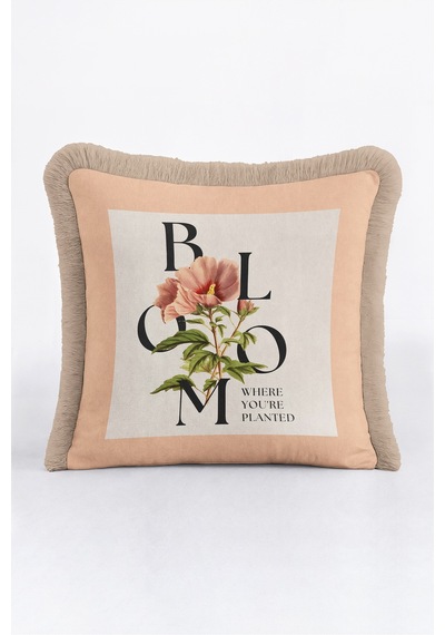 Botanik Çiçek Motifli Saçaklı Yastık Kılıfı - Floral Bohem Pudra Ekru Vizon Püsküllü Kırlent Kılıfı Yalın Sahil Mira