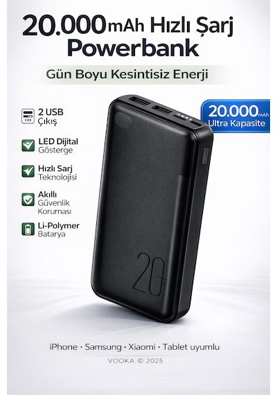 20.000 Mah Powerbank Hızlı Şarj Led Göstergeli Çift Usb Type-c Girişli Taşınabilir Şarj Cihazı Siyah