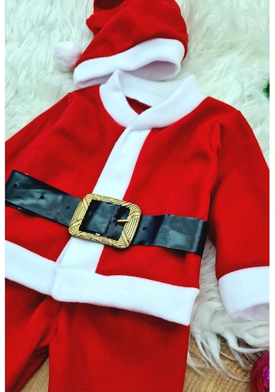 Royaleks Erkek Çocuk Noel Baba Yılbaşı Kostümü Şapkalı Kemerli Bebek Kostümü Kırmızı