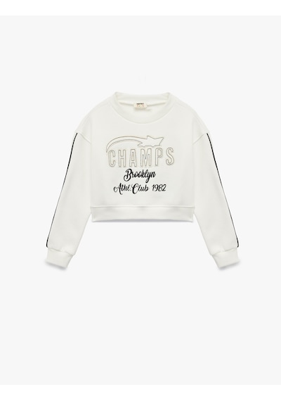 Koton Uzun Kollu Bisiklet Yaka Aplike Detaylı Pamuklu Sweatshirt Ekru 6wkg10180ak Ekru