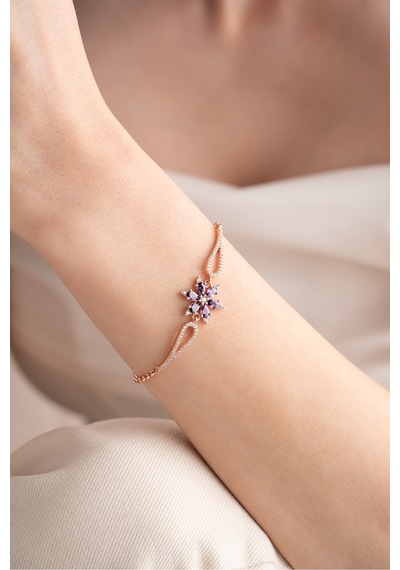 Nereze 925 Ayar Gümüş Rose Mor Zirkon Taşlı Çiçek Kelepçe Model Bileklik
