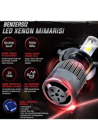 H1 Led Xenon Far Ampulu Şimşek Etkili 6500 Kelvin 8000 Lümen