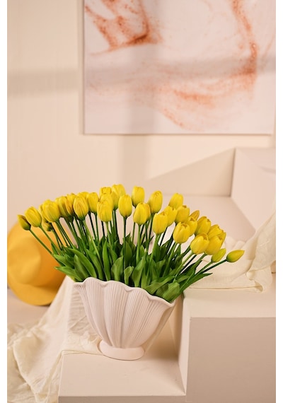 Sarı Yapay Tulipa Lale Çiçeği Buketi 5 Dallı Premium Canlı Islak Dokulu 43 Cm