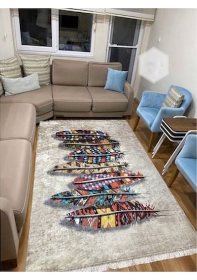 Krem Kaymaz Taban Dijital Baskı Halı Kilim Yolluk Krem