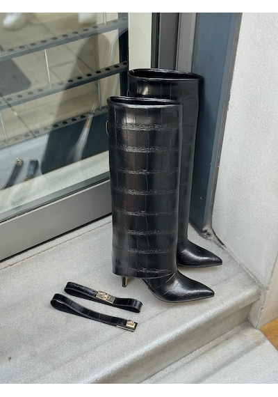Erva'nın Butiği Siyah Kroko Milo Tak Çıkar Aksesuarlı 7 Cm Tozluk Kadın Çizme-6482