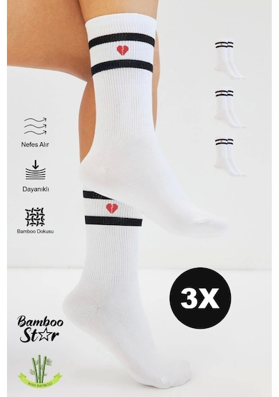 Bamboo Star Bambu Kadın Kalp Desenli Tenis Çizgili Premium Kolej Çorabı Beyaz Dikişsiz Soket Çorap 3'lü Paket