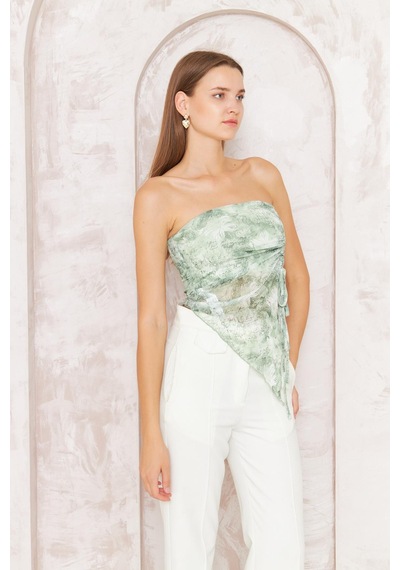 Darlin Moda Kadın Yeşil Desenli Astarlı Tül Straplez Bluz Dm7006 Yeşil