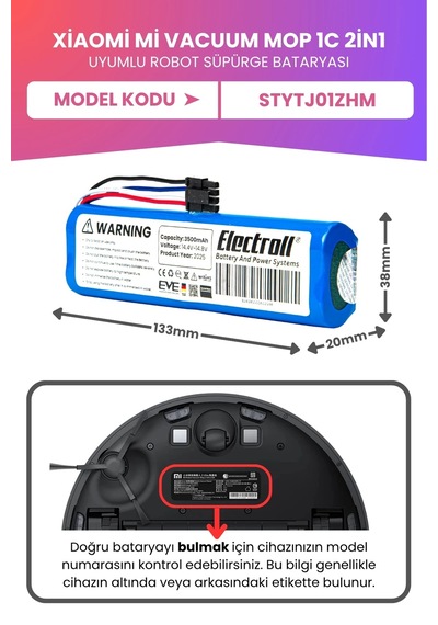 Xiaomi Mi Vacuum Mop 1c 2in1 Uyumlu Batarya Ultra Yüksek Kapasite 3500mah Robot Süpürge Pil Stytj01zhm