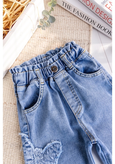 Babymod Kelebek İşlemeli Denim Kız Çocuk Kot Pantolon Mavi