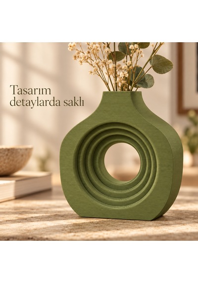 Halka Tasarımlı Dekoratif Vazo Modern Çiçeklik Haki