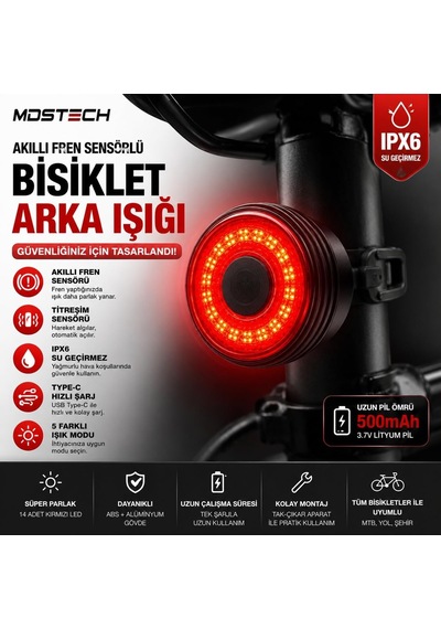 Akıllı Fren Sensörlü Bisiklet Arka Lambası Çok Renkli