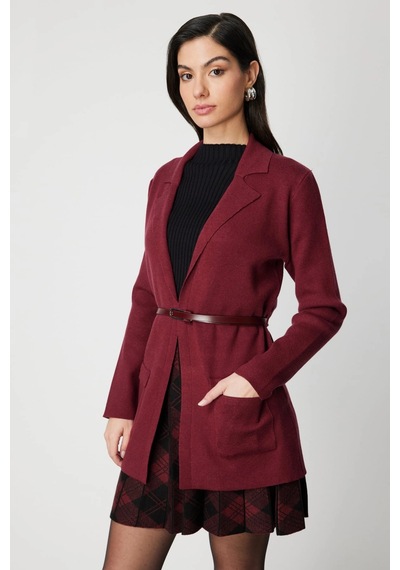 On Fashion Kadın Önü Açık Cepli Kemerli Bordo Hırka 69907 Bordo