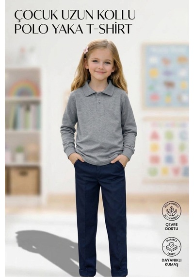 Erdem Kıds Unisex Kız Erkek Çocuk Polo Yaka Pamuklu Uzun Kol Gri Günlük Basic Okul Tişört Gri Gri