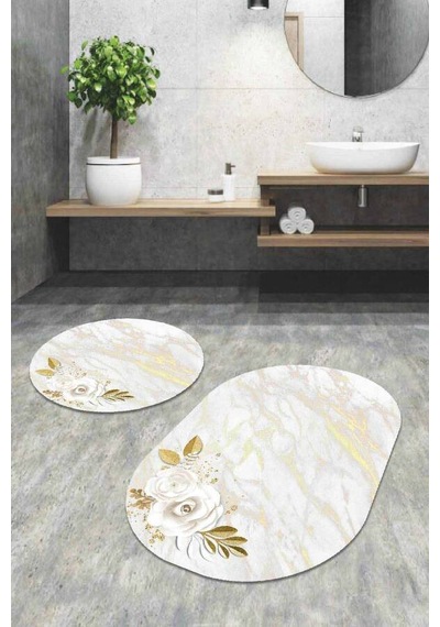 Krem Çiçek Desen Banyo Halısı Klozet Oval Paspas Seti Bs061n11