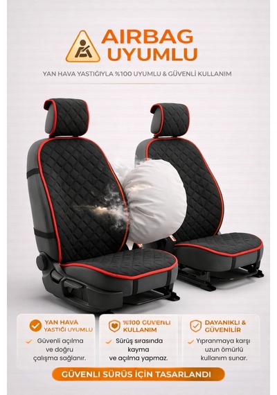 Oto Koltuk Kılıfı Tay Tüyü 2'li Ön Minder Terletmez Kaymaz Airbag Uyumlu - Siyah Kırmızı