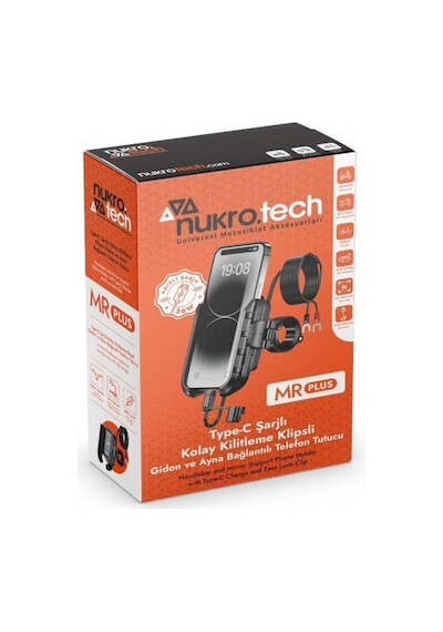 Nukrotech Mr Plus Motosiklet Telefon Tutucu Usb-c Şarjlı Gidon Ve Ayna Bağlantı Aparatlı Siyah