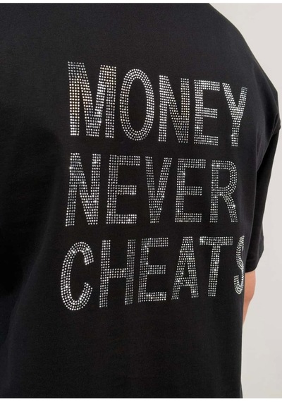 Zaee Money Never Cheats Taşlı Oversize Tişört Siyah