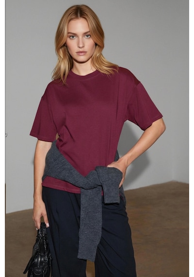 Soft&Basic Kadın %100 Organik Pamuk Oversize Fit Basic Yuvarlak Yaka T-shirt Bordo