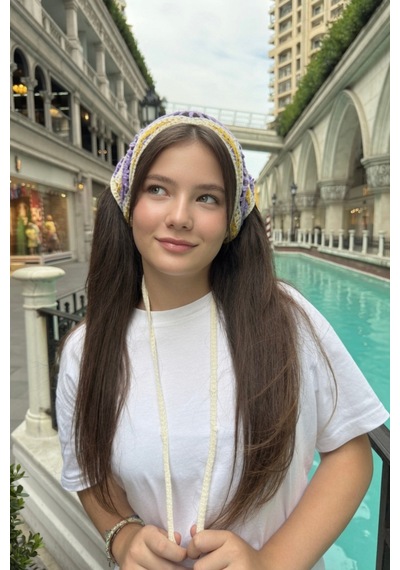 Kadın Bandana Lila Çizgili Triko Hair Band Kadın Retro Yazlık Saç Aksesuarı Lila