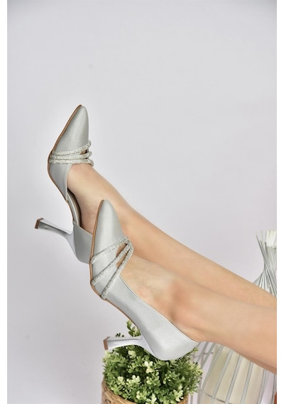 Fox Shoes P246068504 Gümüş Kumaş İnce Topuklu Kadın Ayakkabı Gümüş