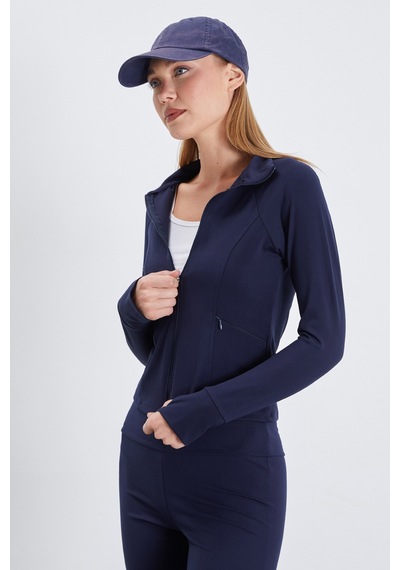 Fullamoda Parmak Geçirmeli Dalgıç Kumaş Slim Fit Ceket Lacivert