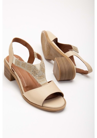 Analin Shoes Kadın Hakiki Deri Lastikli Rahat Taşlı Sandalet Kot Mavi Bej