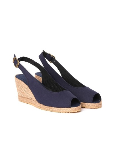 Gerçek Elişi Burnu Açık Arkası Bantlı Dolgu Topuk Lacivert Keten Hasır Espadril Handmade Lacivert