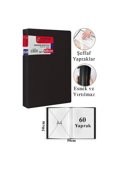 Siyah Sunum Dosyası 60 Lı 1 Adet Poşet Dosyalı Katalog Dosyası 60 Poşetli Kendinden Dosya Plastik Kapaklı