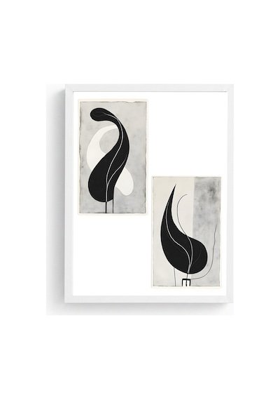 Beyaz Ahşap Çerçeveli Minimal Siyah-beyaz Desenli Tablo - Modern Huhu1225
