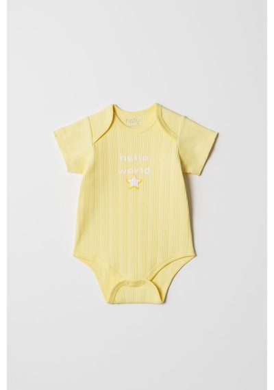 Hafy Baby Hello World Nakışlı, Zarf Yaka, 2 Li Yazlık Bebek Body / Zıbın Takımı Sarı - Beyaz