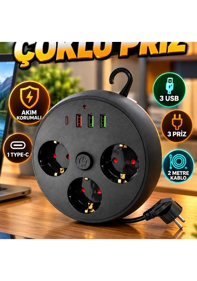 3 Prizli Akım Korumalı Çoklu Priz 3 Usb, 1 Type-c Ve 2 Metre Kablo Diğer