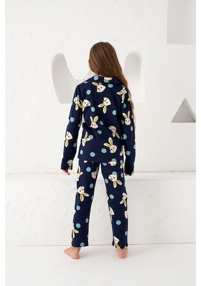 Siyah İnci Lacivert Pamuklu Düğmeli Pijama Takım