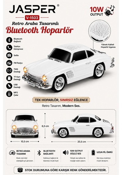Jasper Jpr-1503 Beyaz 10w Bluetooth Hoparlörlü Retro Araba Tasarım Fm Radyo, Usb, Tf Kart, Aux Ve Mp3 Çal 13004771