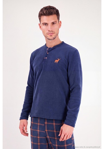 Buratti Ekoseli Düğmeli Bisiklet Yaka Yumuşak Polar Pijama Takımı Erkek Pijama Takımı 6097019 İndigo