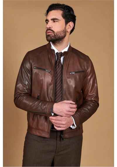 M M Marki Marki Erkek Hakiki Deri Ceket Bisiklet Yaka, 6 Cepli, Astarlı, 67 Cm, Baharlık - 505422 Kahverengi