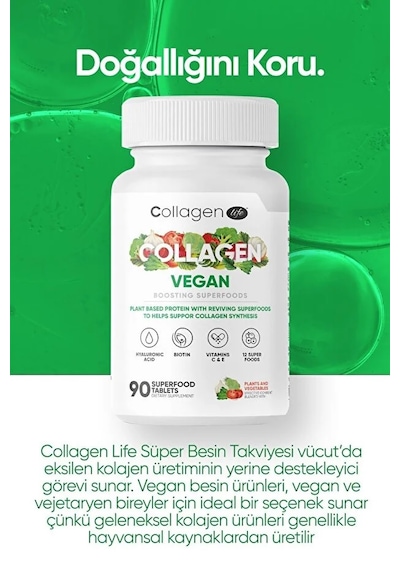Collagen Life Biotin, Hyaluronic Acid, C Vitaminive Bitki Bazlı Vegan Kolajen Desteği 90 Tablet