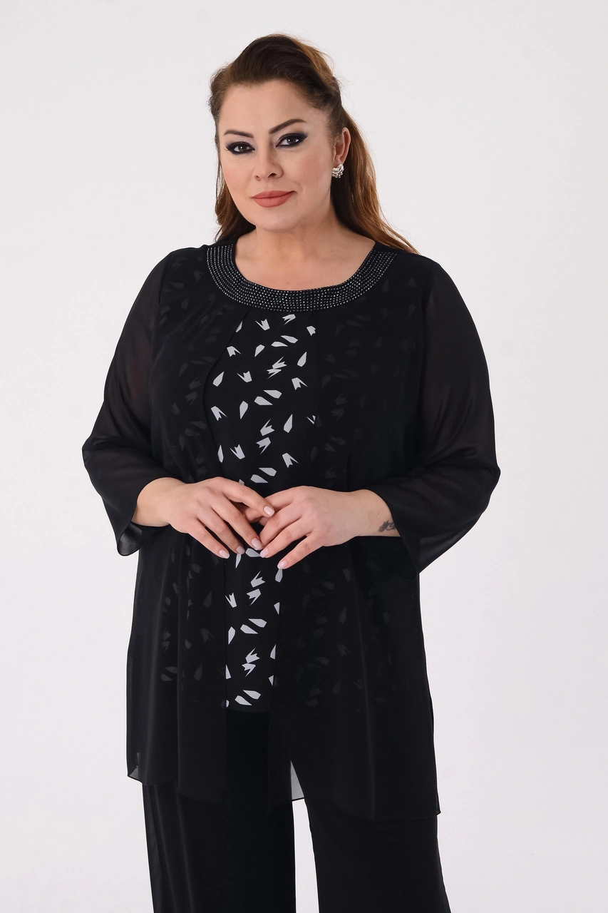 Lilas Xxl Büyük Beden Siyah Renkli Desenli Şifon Abiye Bluz Siyah
