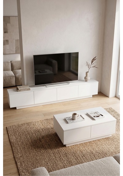 Yurudesign Yoda 200cm Tv Ünitesi Orta Sehpa 2'li Set Beyaz Yd26-w