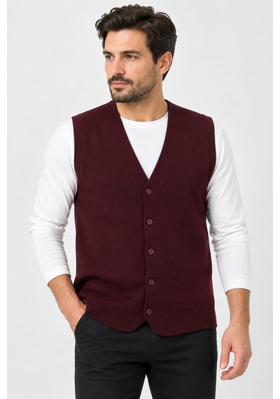 Bihan Store Erkek V Yaka Düğmeli Tek Plaka Spor Yelek 7025-bordo
