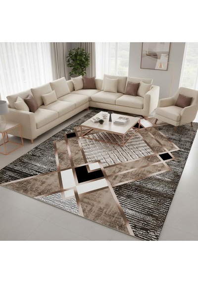 Krem Ve Bakır Renklerde Modern Geometrik Desenli Dijital Baskılı Halı Kaymaz Tabanlı, Üçgen Ve