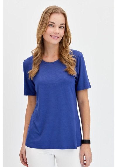 Kadın Sıfır Yaka Flamlı Kumaş Penye Tshirt İndigo Indigo