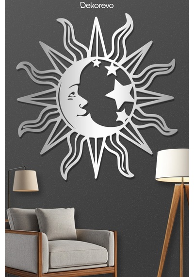 Mistik Kozmos Güneş Ve Ay Metal Duvar Dekoru - Metal Duvar Sanatı - Gümüş - 30 X 30 Cm