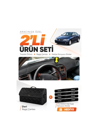Toyota Avensis T220 1997-2002 Uyumlu Torpido Örtüsü + Deri Bagaj Çantası + Sticker Seti - Siyah