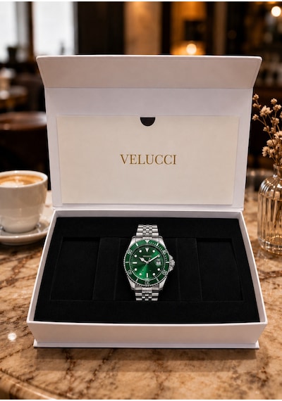 Velucci Aygök Çelik Kordon Erkek Kol Saati Yeşil Kadran Döner Bezel Dalış Analog Gümüş