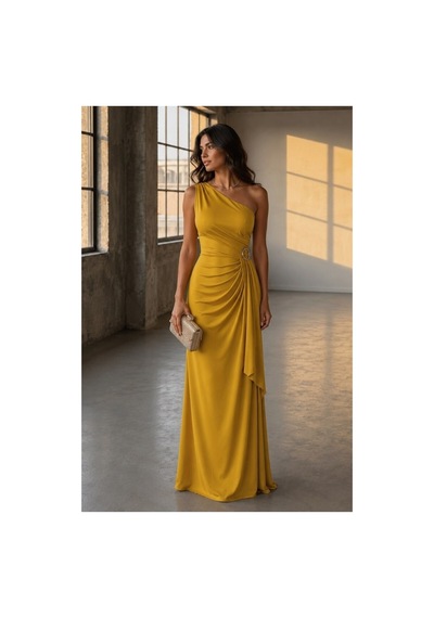Lior Design Kadın Sade Tek Omuz Kemerli Maxi Abiye Elbise Sarı