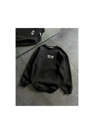 Kadın Bisiklet Yaka 3 İplik Pamuklu Baskılı Oversize Sweatshirt - Siyah