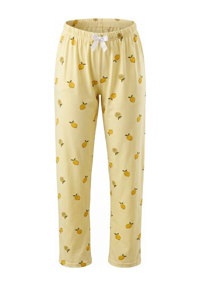 Cemo Sarı Limon Baskılı Beli Lastikli Ve Fiyonk Detaylı Pijama Altı