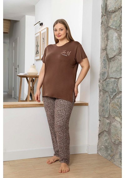 Aydoğan Kadın Pijama Takımı Kısa Kol Büyük Beden Battal Kahverengi
